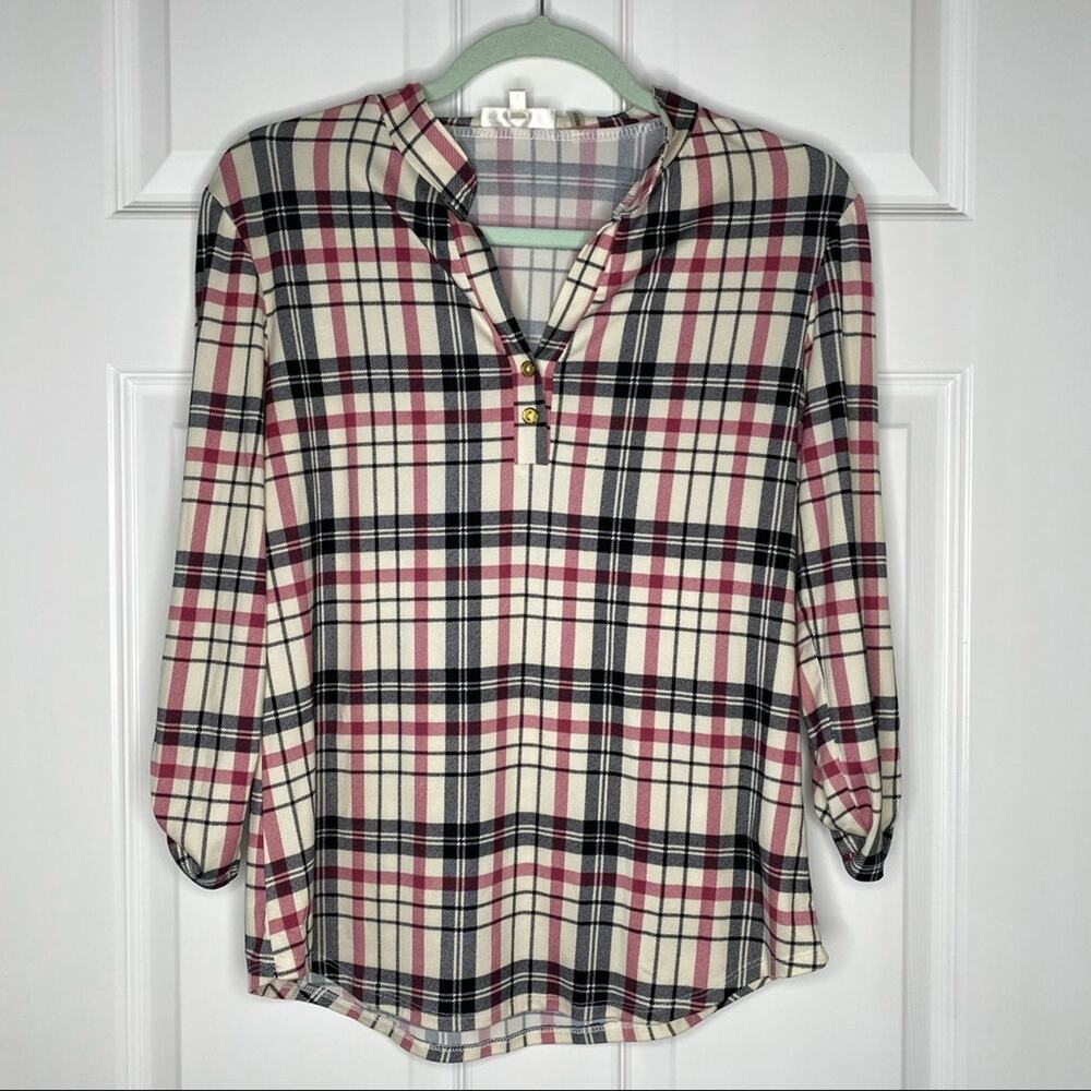 CLAUDIA RICHARD PETITES Plaid V-Neck Henley Blouse 3/4 Sleeve Top Shirt Petite S - Picture 3 of 9